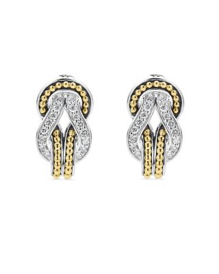 18K Yellow Gold & Sterling Silver Newport Diamond Knot Large Omega Clasp Earrings