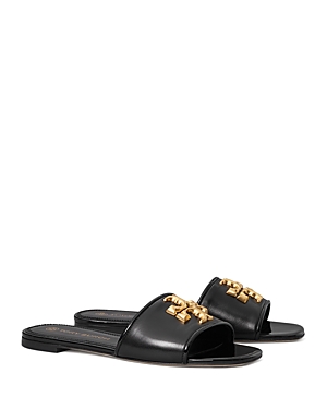 Tory Burch Eleanor Leather Medallion Flat Slide Sandals In Perfect Black