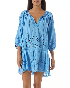 Melissa Odabash Ashley Crochet-trimmed Broderie Anglaise Cotton-voile Mini Dress In Blue