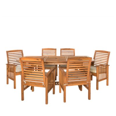 Walker Edison 7 Piece Acacia Wood Outdoor Patio Dining Set with Cushions