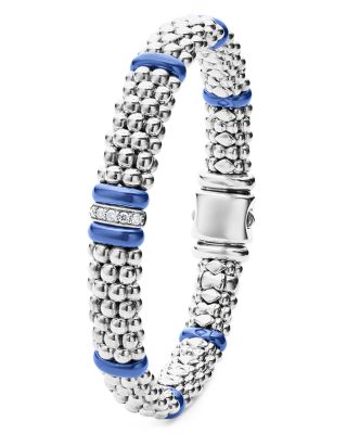 18K Yellow Gold & Sterling Silver Diamond & Ultramarine Ceramic Rondelle & Caviar Bead Statement Bracelet