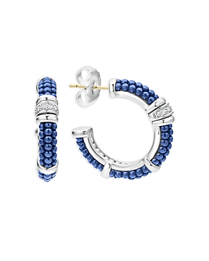Shop Lagos Sterling Silver Ultramarine Bead & Diamond Hoop Earrings In Blue/silver