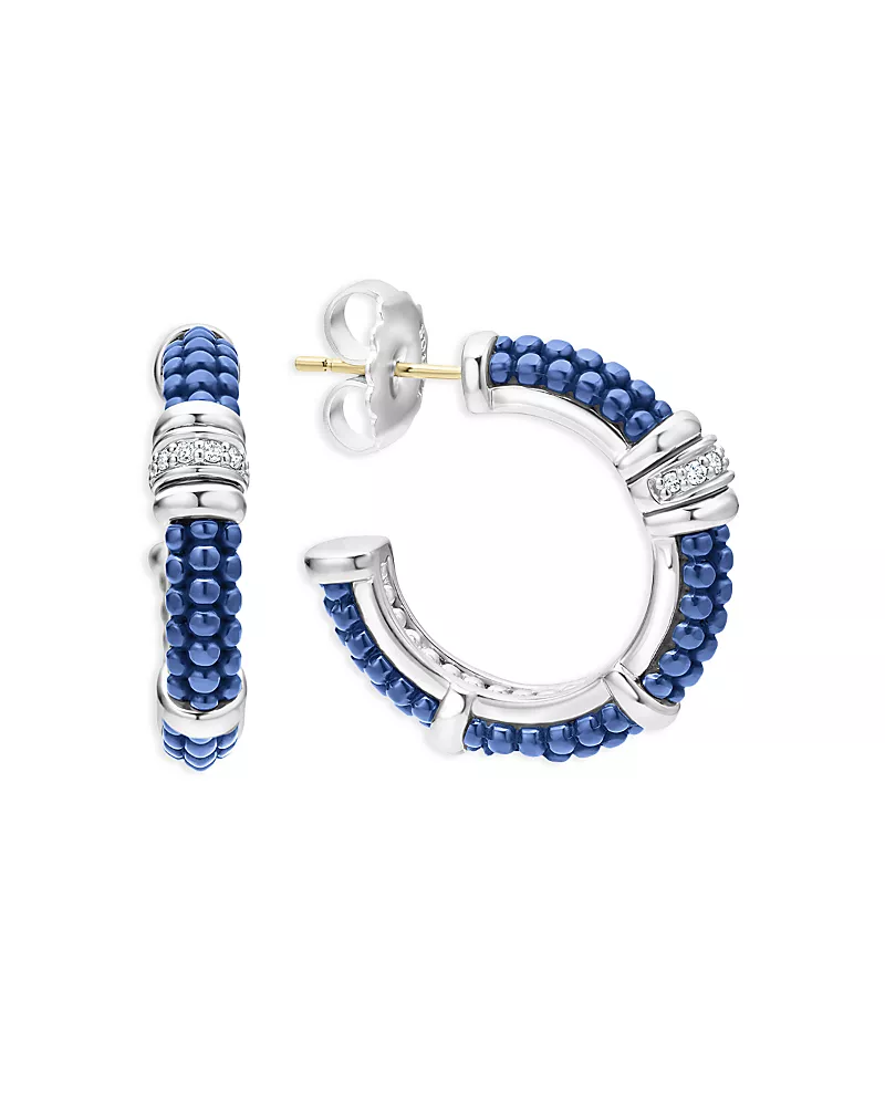 Lagos Sterling Silver Ultramarine Bead & Diamond Hoop Earrings