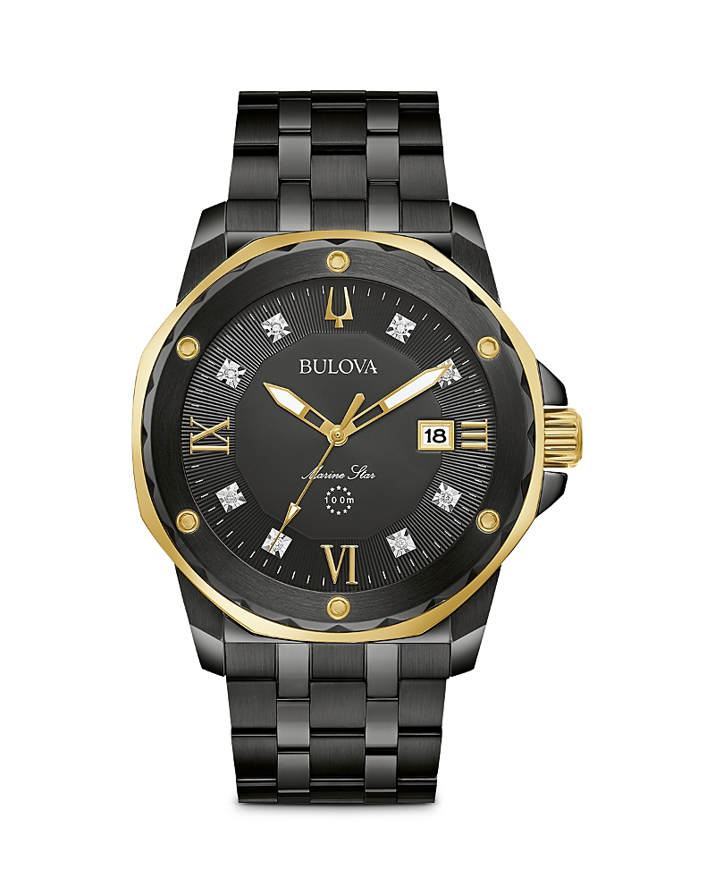 Bulova Marine Star Mens Diamond Accent Black Stainless Steel Bracelet Watch 98d176 In Black