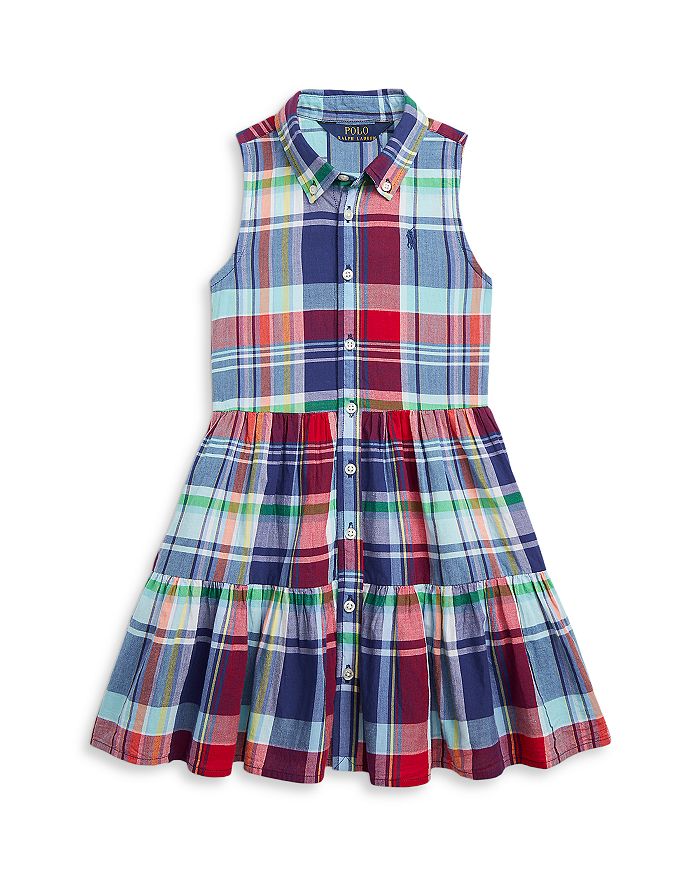 Ralph Lauren Girls' Madras Cotton Tiered Shirt Dress - Little Kid ...