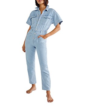 GAGA Womens Denim Jumpsuits Summer Jeans Elastic Waist Strappy Long Rompers Playsuit