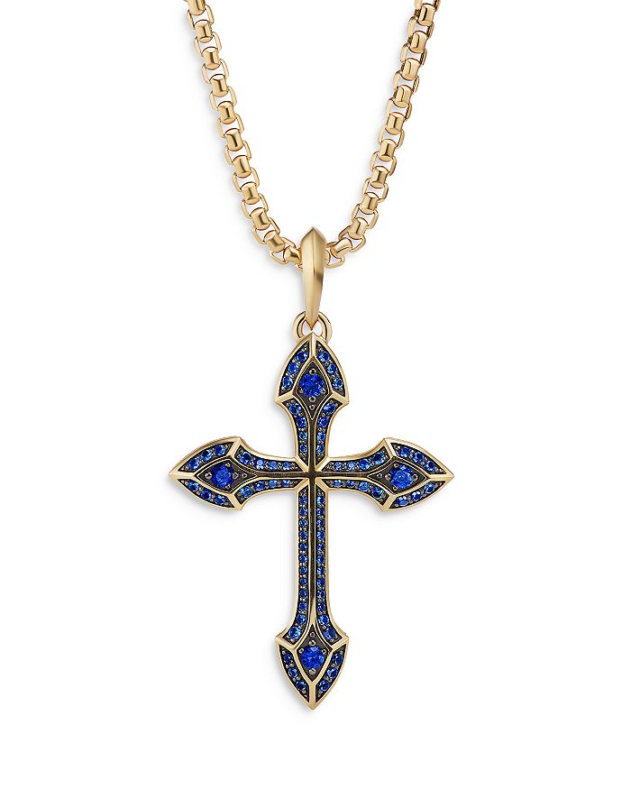 David Yurman - Men's 18K Yellow Gold Amulets Blue Sapphire Pav&eacute; Cross Pendant