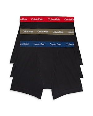 Calvin Klein Cotton Stretch Moisture Wicking Low Rise Trunks, Pack Of 3 In Black Bodies W/ Aspen Berry Sangria Lake Crest Blue