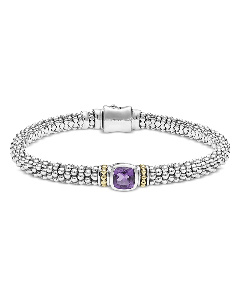 Lagos Sterling Silver & 18k Yellow Gold Caviar Color Amethyst Solitaire Link Bracelet In Purple/silver