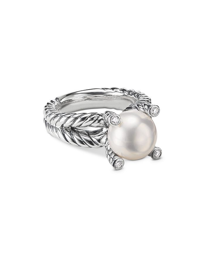 David Yurman - Sterling Silver Cable Collectables Cultured Freshwater Pearl & Pav&eacute; Diamond Rings