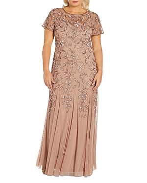 Adrianna Papell Plus Beaded Illusion Gown In Rose Gold