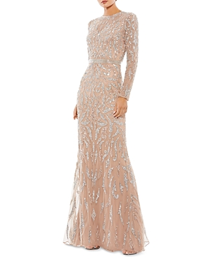 Mac Duggal Sequin & Pearl Beaded Long Sleeve Gown In Mocha