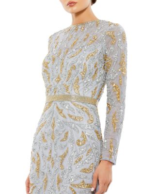  Beaded Long Sleeve Evening Gown