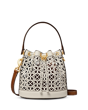 T Monogram Laser Cut Leather Bucket Bag In New Ivory/brass