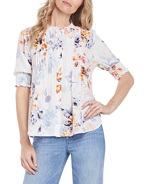 Nydj Floral Print Pleated Peasant Top In Printemps