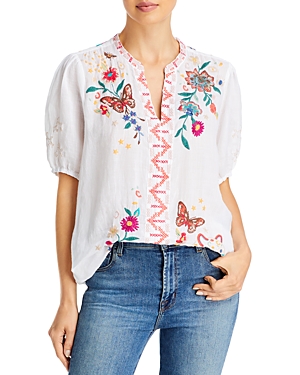 Johnny Was Olinda Embroidered Puff Sleeve Top