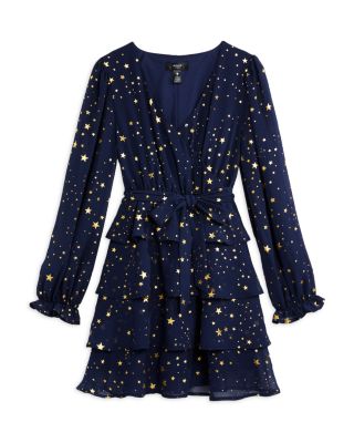 Aqua Girls' Long Sleeve Metallic Star Dress, Big Kid - 100% Exclusive In Navy/gold