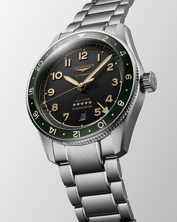 Shop Longines Spirit Zulu Time Gmt Chronometer Watch, 42mm In Anthracite/green/silver
