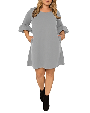 Standards & Practices Crepe Knit Balloon Sleeves Midi Shift Dress In Grey