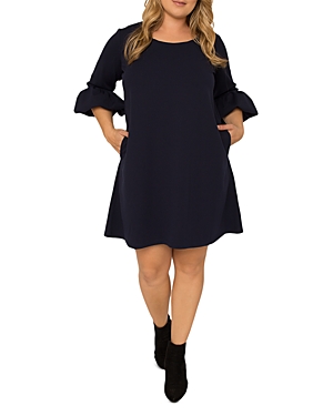 Standards & Practices Crepe Knit Balloon Sleeves Midi Shift Dress In Navy
