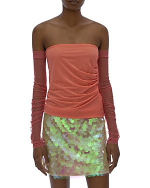 Helmut Lang Sheer-long Sleeve Off-the-shoulder Top In Coral