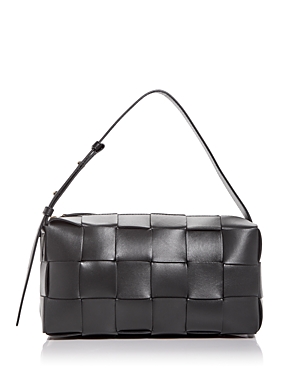 Bottega Veneta Brick Cassette Woven Leather Shoulder Bag In Black/gold