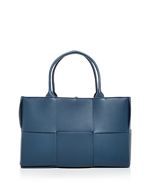 Bottega Veneta Small Arco Woven Leather Tote In Deep Blue/silver