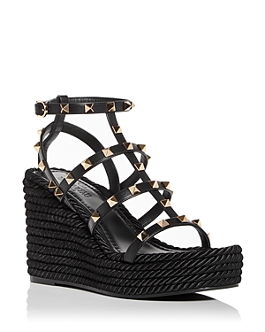 Valentino Garavani Rockstud Leather Wedge Sandals In Black