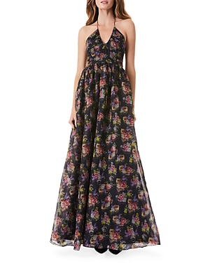 Alice And Olivia Saori Floral Princess Gown In Magnolia Floral Black