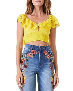 ALICE AND OLIVIA ALICE AND OLIVIA BLEEKER EMBROIDERED RUFFLE TRIM CROP TOP