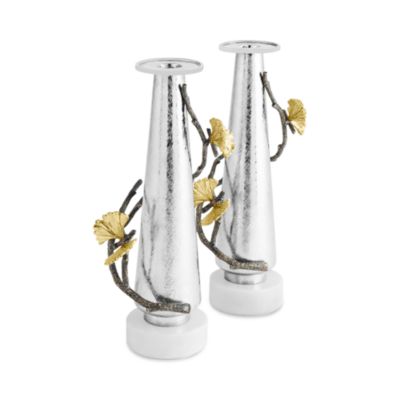 Butterfly Ginkgo Silver Candleholders, Set of 2