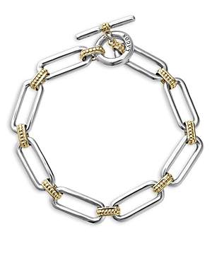 Shop Lagos 18k Yellow & Sterling Silver Signature Caviar Large Link Toggle Bracelet In Silver/gold