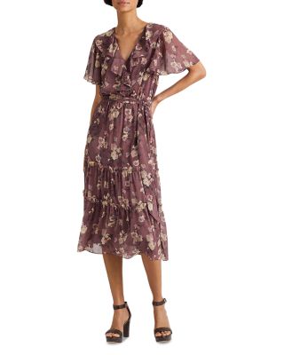 RALPH LAUREN Womens Black Ruffled Floral Long Sleeve Jewel Neck Dress