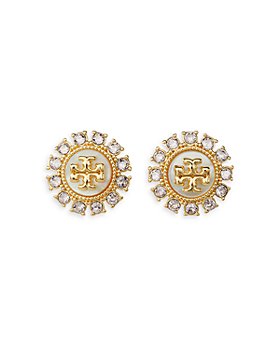 Tory Burch - Kira Crystal & Mother of Pearl Logo Stud Earrings in 18K Gold Plated