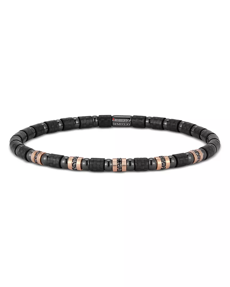 Roberto Demeglio Men's Black Diamond Stretch Bracelet in 18K Rose Gold & Black Ceramic Carbon