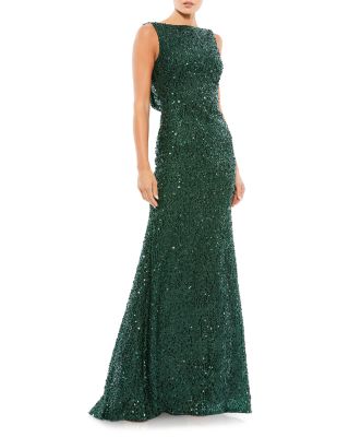 Cowl Back Boat Neck Sequined Evening Gown