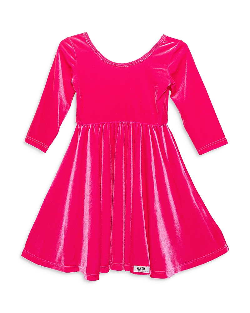 Worthy Threads Girls' Stretch Velvet Twirly Dress - Little Kid, Big Kid In Hot Pink