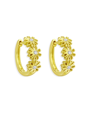 14K White & Yellow Gold Diamond Flower Huggie Hoop Earrings