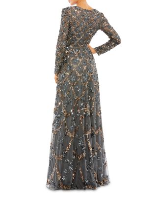 【Mac Duggal】エンベリッシュイリュージョンハイネックロング Mac Duggal Embellished Illusion High Neck Long Sleeve A Line