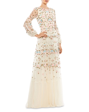 Mac Duggal Embroidered High Neck Illusion Sleeve Tiered Gown In Ivory
