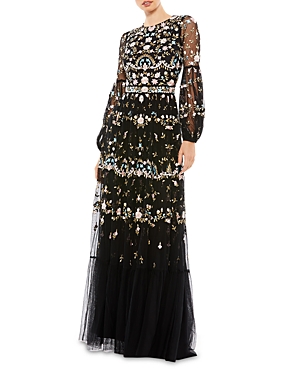 Mac Duggal Embroidered High Neck Illusion Sleeve Tiered Gown In Black