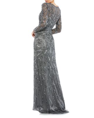  Beaded Long Sleeve Evening Gown