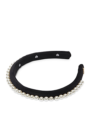 Shop Lele Sadoughi Velvet Faux Pearl Headband In Black/cream