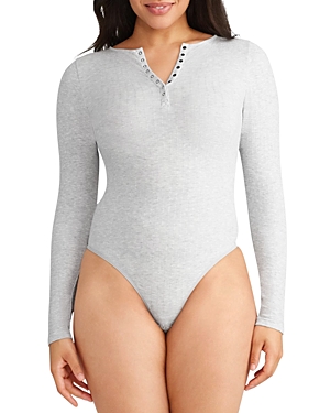 Shop Yummie Katrina Henley Seamless Ribbed Bodysuit In Heather Grey