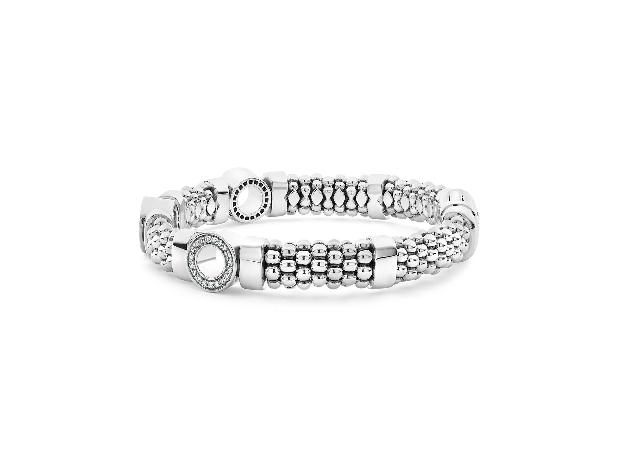 Sterling Caviar Spark Diamond Three Circle Caviar Bead Link Bracelet — Image 4
