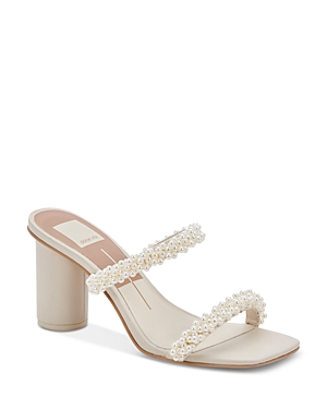 Shop Dolce Vita Women's Noel Square Toe Imitation Pearl Strap High Heel Sandals In Vanilla Pearls