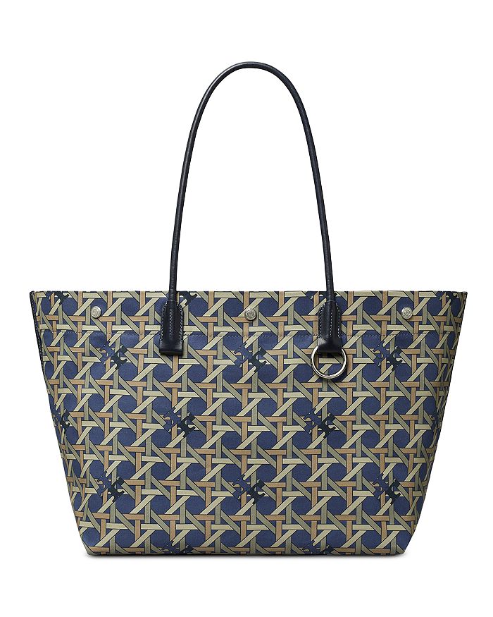 Tory Burch Navy & Gray Coated Canvas Chain Print Shoulder Bag Leather Strap Bag