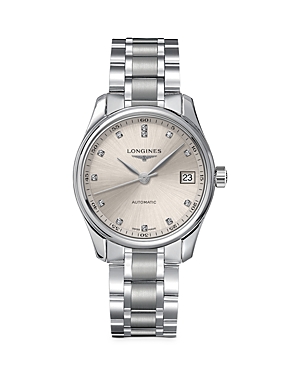 Longines Women's Swiss Automatic Master Diamond (1/20 Ct. T.w.) Stainless Steel Bracelet Watch 34mm In Beige/silver