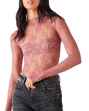 Free People Lady Lux Dusty Rose Lace Long Sleeve Mock Neck Layering Top In Oh Bloom
