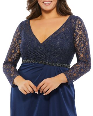  Plus Lace Illusion Long Sleeve V-Neck Draped  Gown